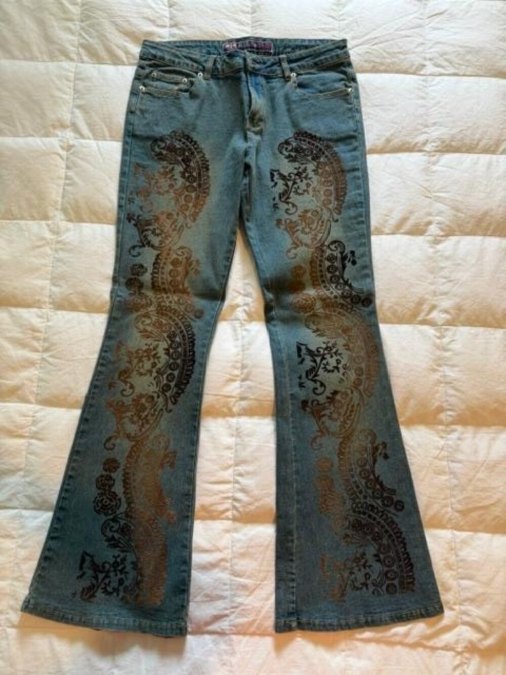 Flare Jeans with Fuzzy Imprinted Paisley Design Imprinted on the Front/Size 8